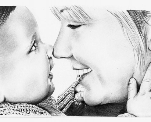 Pencil Portrait of Mother and Baby