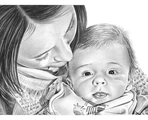 Pencil Drawing of Mother and Baby Son