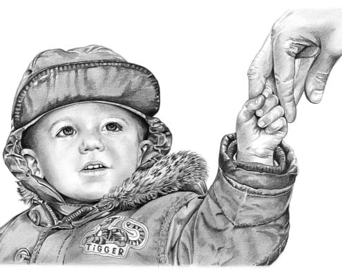 Pencil Portrait of Boy Holding Father's Hand