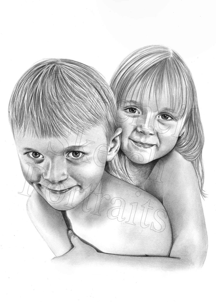 Early Pencil Portrait by UK Pencil Portrait Artist Early pencil portrait of two children drawn by UK pencil portrait artist Angela Maher