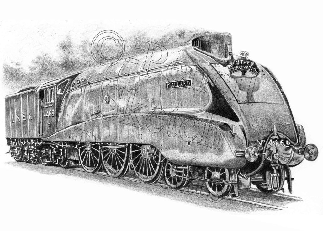 Pencil Drawing of the Mallard Steam Locomotive by UK Artist Angela Maher