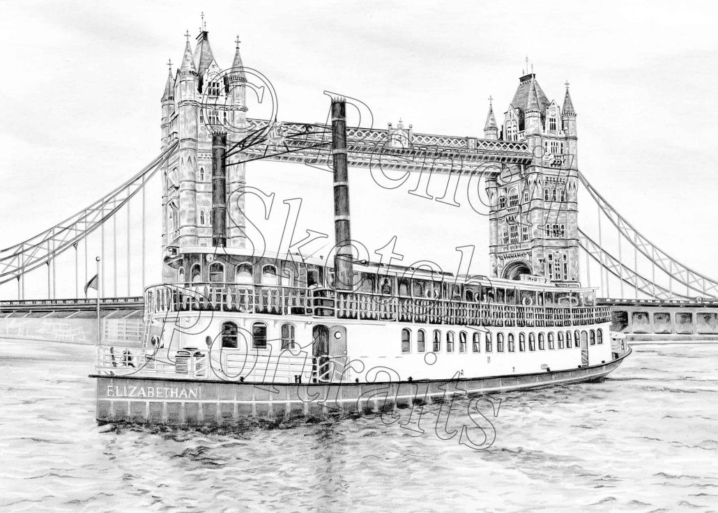 Pencil drawing of the Thames paddle steamer Elizabethan