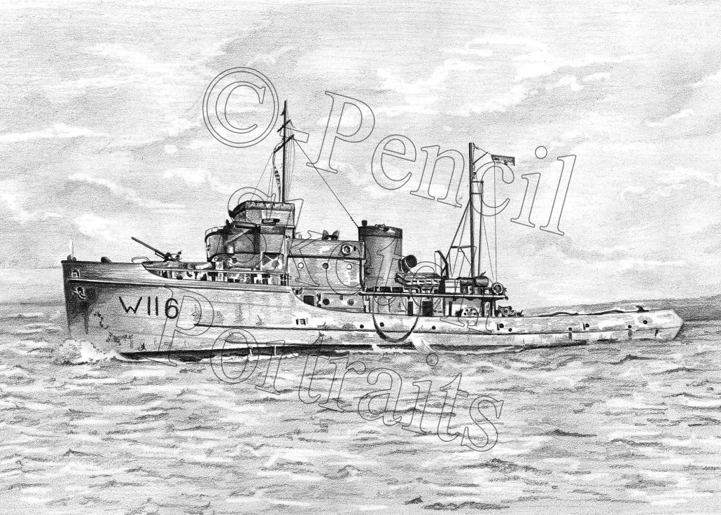 Pencil drawing of HMS Eminent (W116) Royal Navy tugboat