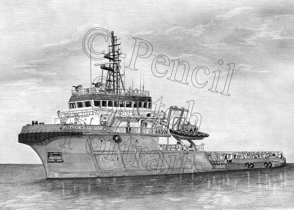 Pencil drawing of the commercial tug Putford Jaguar