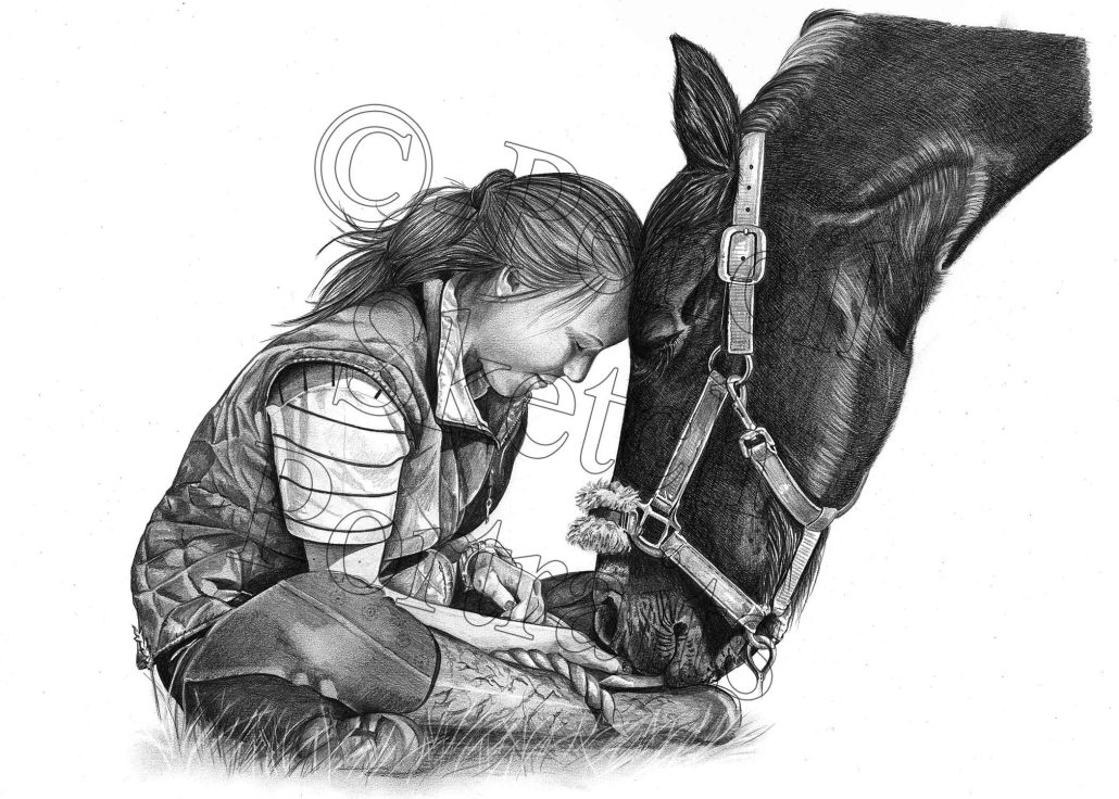 Pencil drawing of a girl sitting cross legged with a horse touching its forehead to hers