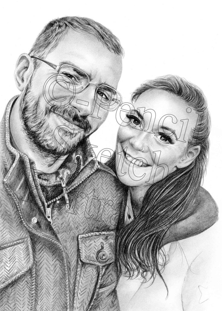 Romantic Pencil Portrait of a Couple Romantic pencil drawing of a couple from a photograph