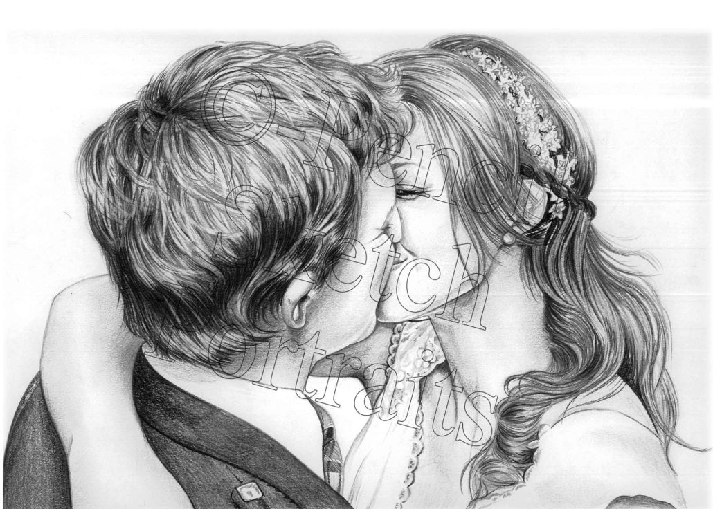 Wedding Pencil Portrait of a Couple Kissing Wedding pencil portrait of a couple kissing
